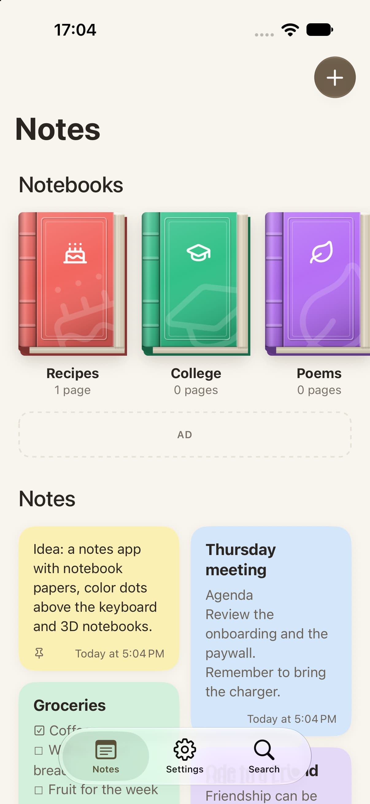 Anotações on iPhone, showing notebooks on a shelf and colored notes